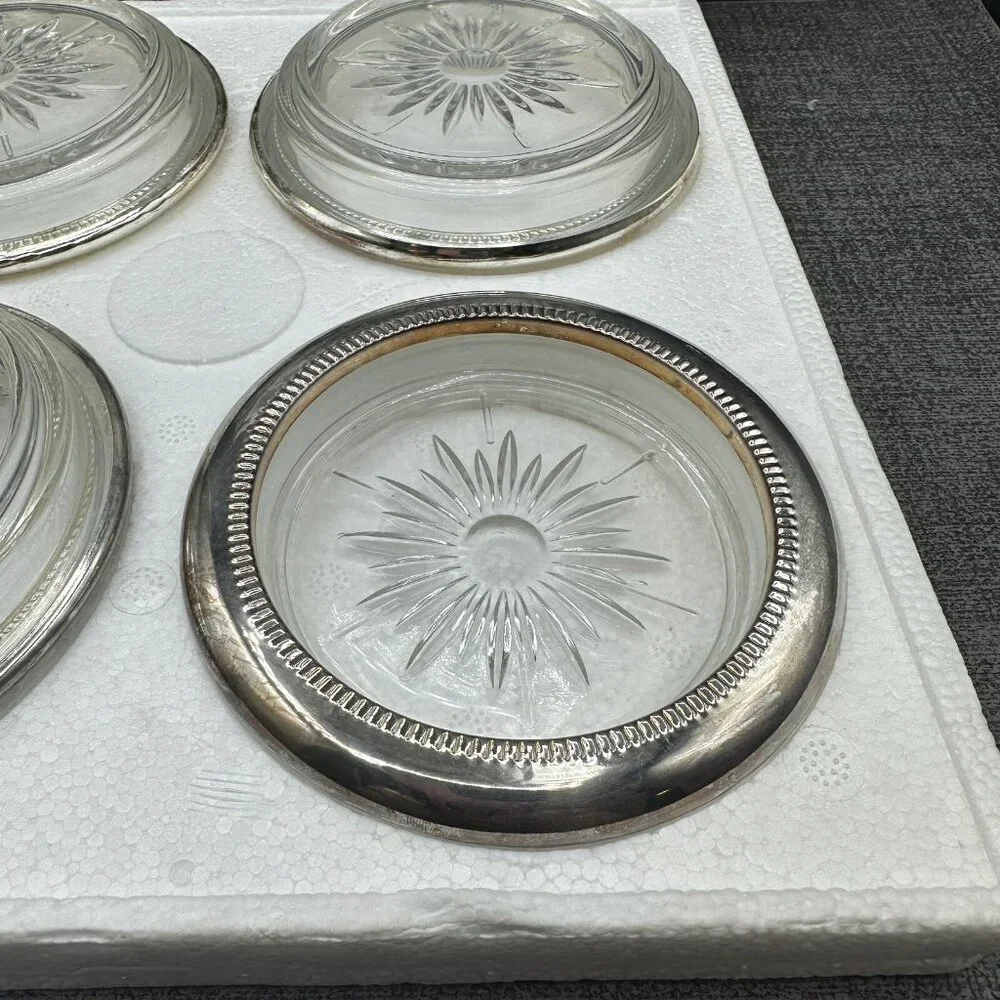 Vtg Godinger Silver Plated Crystal Coasters Starburst Pattern Italy NOS Boxed